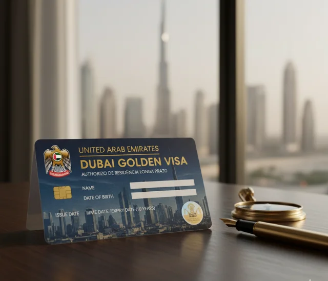 dubai golden visa card with city background